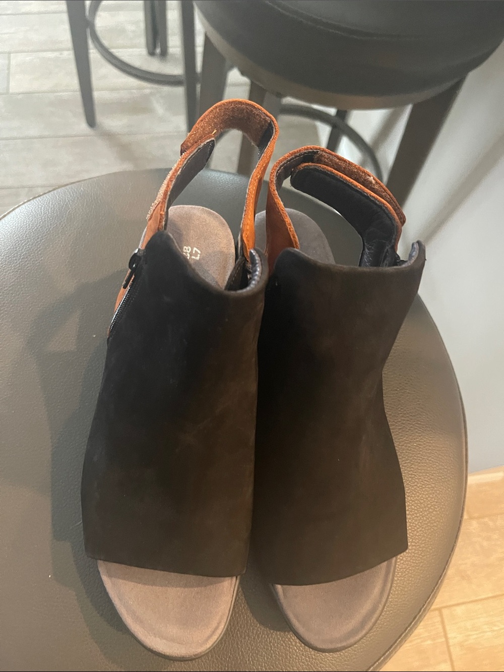 Naot Black Suede Slingback Sandals with Brown Straps